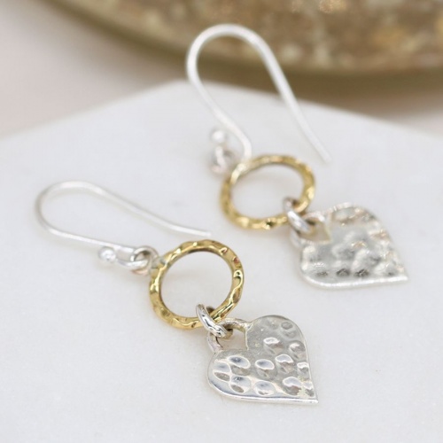 Sterling Silver Hammered Heart & Brass Hoop Drop Earringsby Peace of Mind